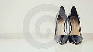 Pair of black high heels are on a white surface