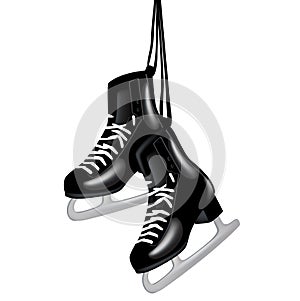 Pair of black ice skates on white photo