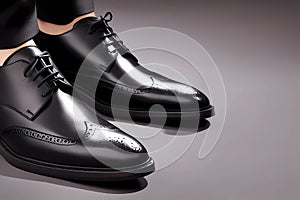 A pair of black leather dress shoes with a classic wingtip design