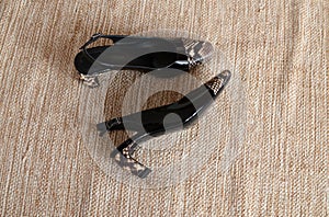 Pair of black leopard print womenâ€™s shoes on an authentic handmade carpet