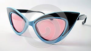 A pair of black, pink and turquoise plastic sunglasses with cateye frames on a white background, in the style of product photo