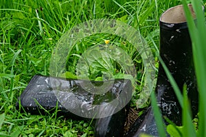 A pair of black rubber boots in the green grass