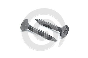 Pair of black steel screws on white background