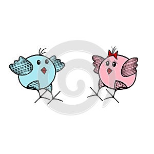 Pair of black Vector Easter pink and blue chicks jump on a white background