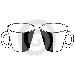 A pair of Black and white hand drawing outline vector illustration of a cup for hot tea or coffee isolated on a white background