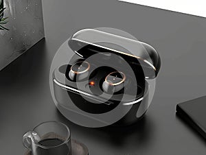 Pair of black wireless earbuds and charging case