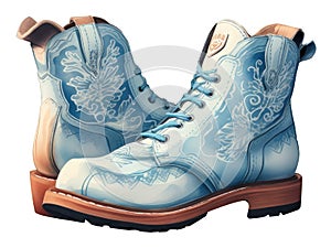 Pair of blue cowboys boots isolated on white background. Watercolor illustration