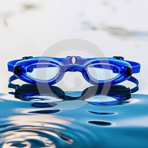 Pair of blue goggles is sitting in a pool of water