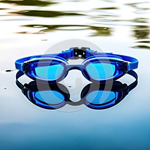 Pair of blue goggles is sitting on the water