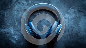 A pair of blue headphones laying on a dark surface, AI