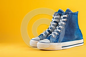 Pair of blue high top sneakers, pair of blue high top sneakers