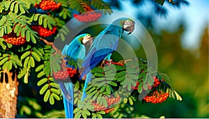 A pair of Blue Macaws on a fully bloomed Rowan tree