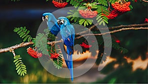 A pair of Blue Macaws on a fully bloomed Rowan tree