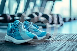 A pair of blue running shoes sit motionless on the rubberized surface of a gym floor, ready for the next workout, A close-up view