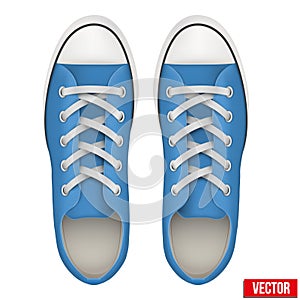 Pair of blue simple sneakers. Realistic Vector