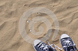 Pair of blue sneakers on beach