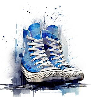 A pair of blue sneakers botts with white laces