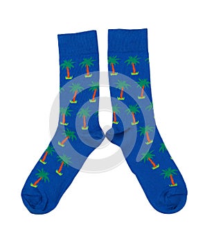 Pair of blue socks with a pattern, isolate