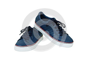 Pair of blue youth sneakers. White isolate