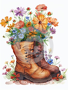 A pair of boots with flowers in them