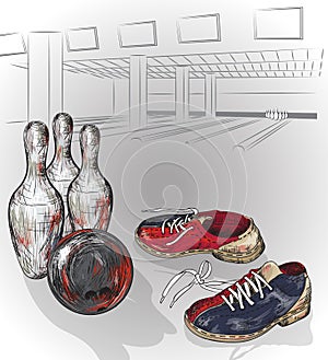 Pair of bowling shoes and bowling ball