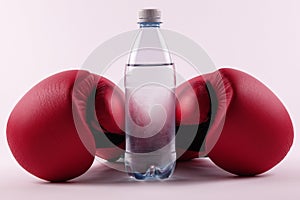 A pair of boxing gloves and a bottle of water photo