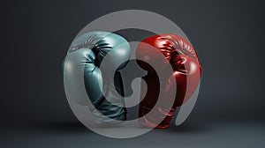 pair of boxing gloves, one red and one blue, facing each other on a solid gray background, creating a sense of competition, ai