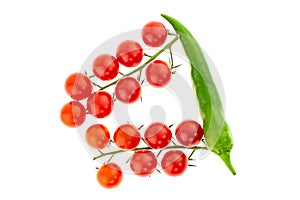 Pair of branches bunch of cherry tomato red with green hot pepper hot sauce design menu