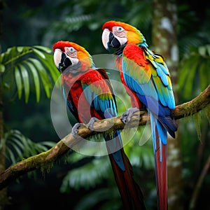 A pair of brilliantly colored macaws perch atop a branch