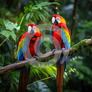 A pair of brilliantly colored macaws perch atop a branch