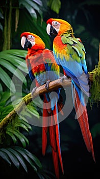 A pair of brilliantly colored macaws perch atop a branch