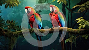 A pair of brilliantly colored macaws perch atop a branch