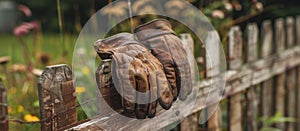 Pair of Brown Gloves on Wooden Fence