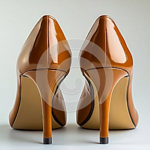A pair of brown high heels on a white surface
