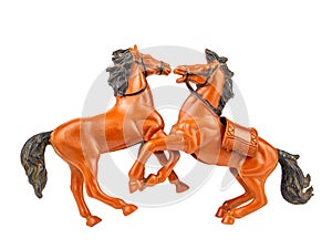 A pair of brown horses with black mane on a white background