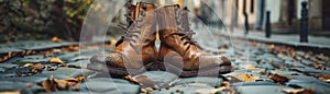 A pair of brown leather boots on a cobblestone street