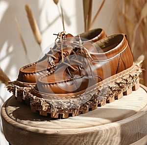 Pair of brown leather shoes with fringe trim and tassels