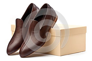 Pair of brown male shoes in front of show box