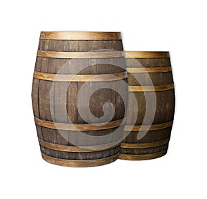 Pair of brown oak barrels on a white isolated background, for aging wine and whiskey