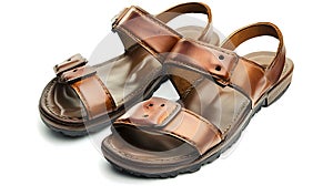 Pair of brown sandals with a brown strap