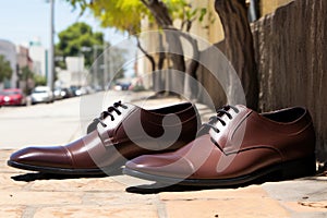 A pair of brown shoes sitting on a sidewalk. AI.