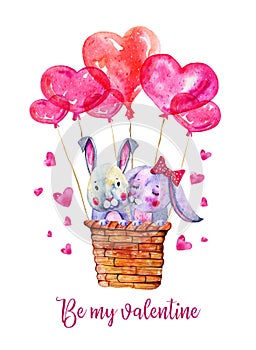 Pair of bunnies in basket with heart shape balloons. Saint Valentines day design template. Hand drawn watercolor