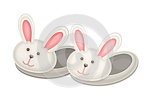 Pair of bunny slippers, soft comfortable textile footwear for home cartoon vector illustration