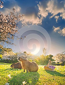 Pair of capybara have a picnic in sunshine meadow photo