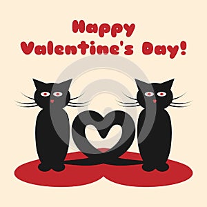 A pair of cats with their tails in the form of heart. Text Happy Valentine`s Day!