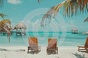 A pair of chairs summer tropical beach lapis ocean shore white sand vacation sunbathing island nature holiday clear sky