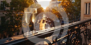 A pair of champagne glasses stand on the railing of a romantic balcony in the center of a European city, on sunset.