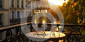 A pair of champagne glasses stand on a table on a romantic balcony in the center of a European city, on sunset.