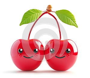 Pair of cheerful cherries with faces connected by a stem