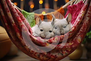 pair of chinchillas cuddling in a hammock photo